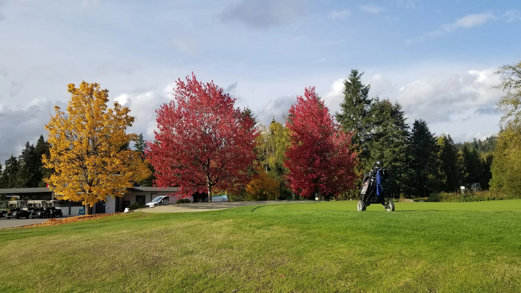 Golden and crimson foliage light up the practice green - fall golf at Burnaby Mountain is as scenic as it gets. Golden and crimson foliage light up the practice green - fall golf at Burnaby Mountain is as scenic as it gets.